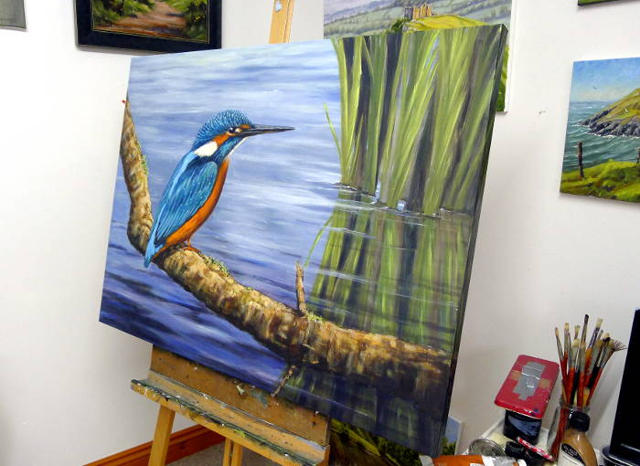Kingfisher painting in the studio