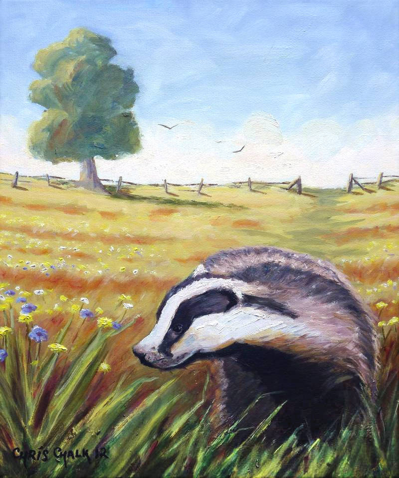 oil painting of a badger in a field