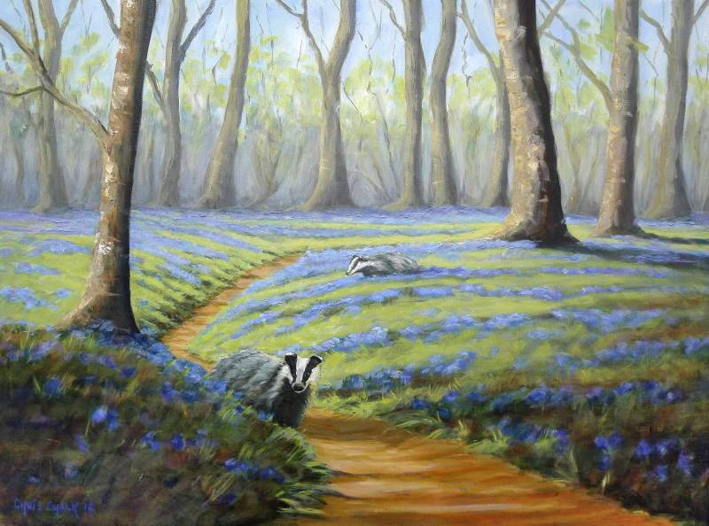 oil painting of two badgers in a woodland full of bluebells