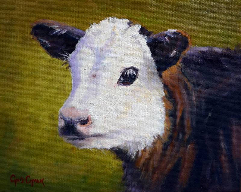 oil painting of a young hereford calf
