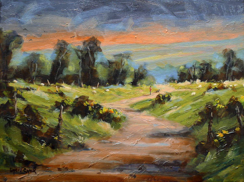Oil painting of a figure walking down a winding path