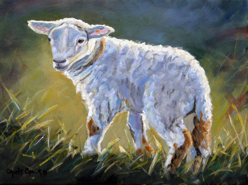 oil painting of a lamb in warm sunshine