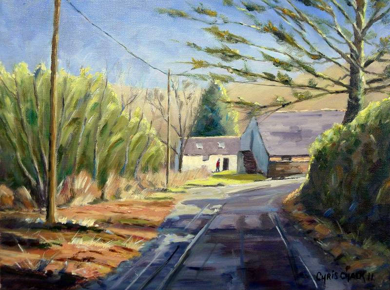 A painting of a sunlit welsh farm in Pembrokeshire