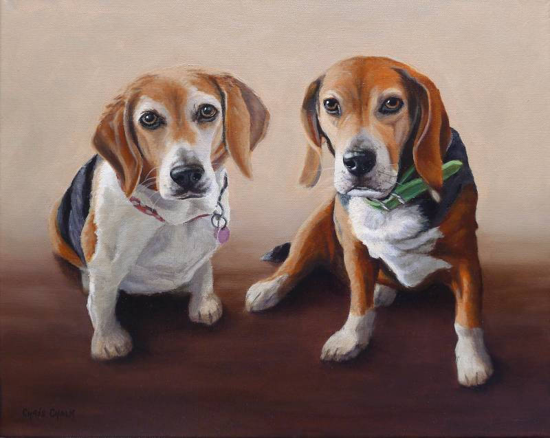 oil painting of two Beagle dogs pet portrait