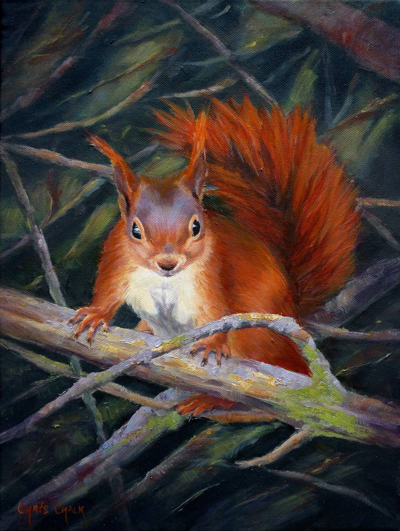 oil painting of a red squirrel in a tree