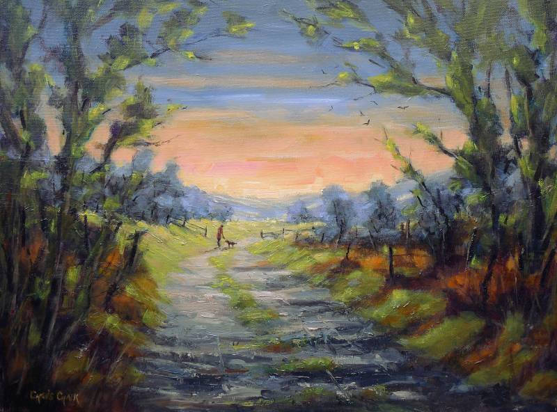 Oil painting of a sunset in a woodland