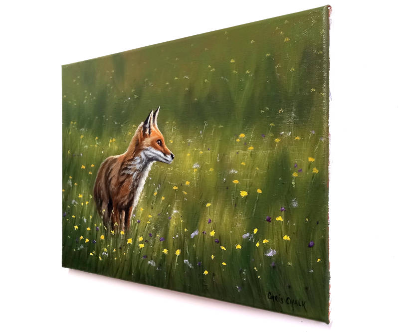 A original fox oil painting hanging on the wall of a gallery