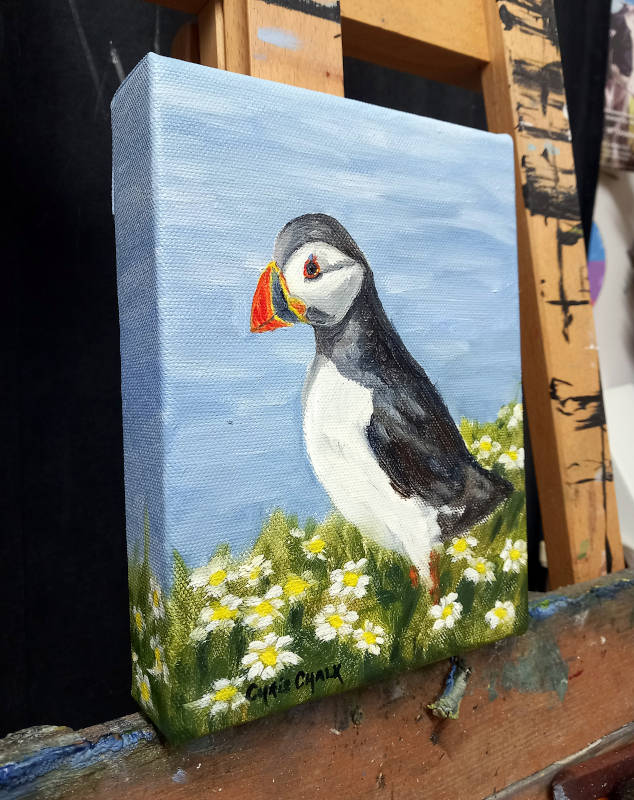 Little puffin painting detail close up