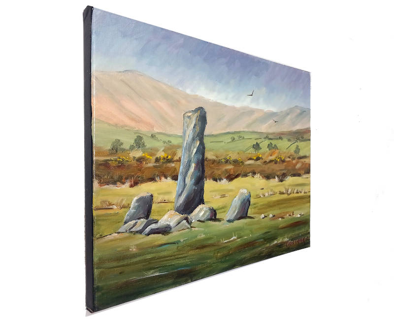 Welsh standing stone painting in oil paint with huge stone and Preseli hills in the background