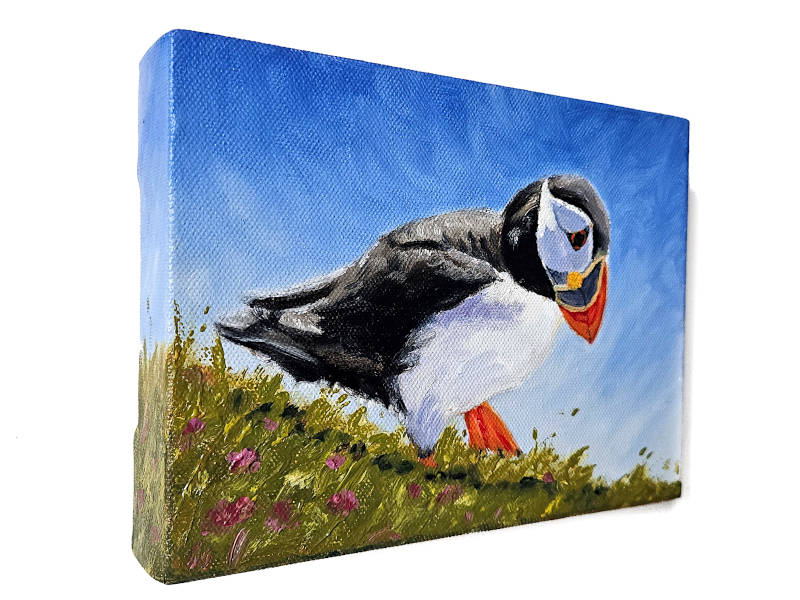 Small orignal Puffin oil painting hanging on wall