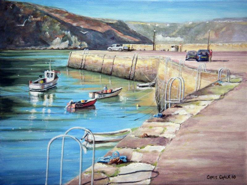 Painting of Fishguard fishermen working on their fishing boats