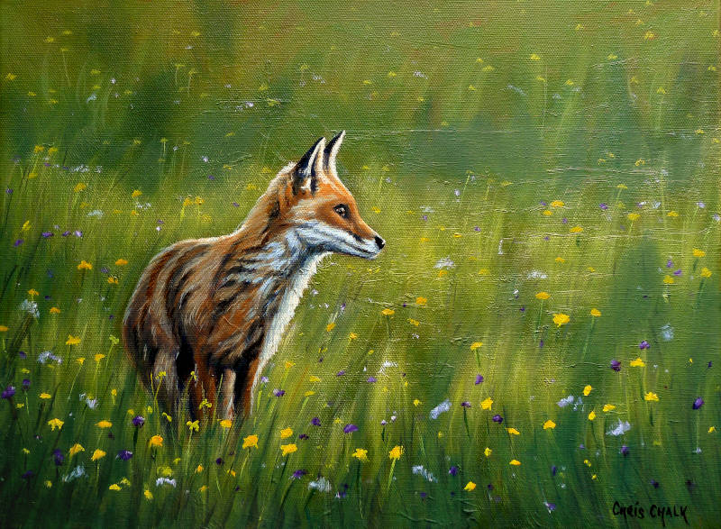 A oil painting of a fox standing in a field of pretty colourful flowers.