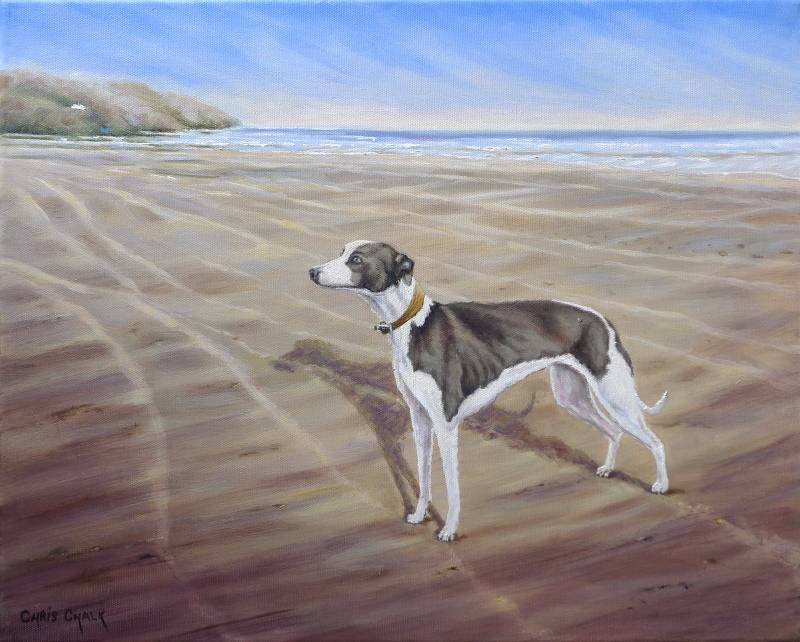 Oil painting of a Whippet