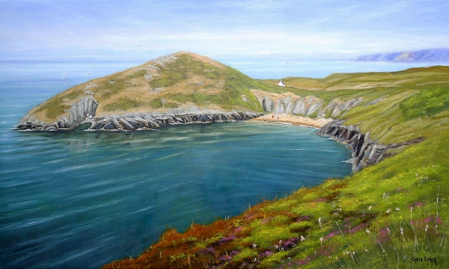 A Welsh landscape oil painting of the Mwnt beach in west Wales.