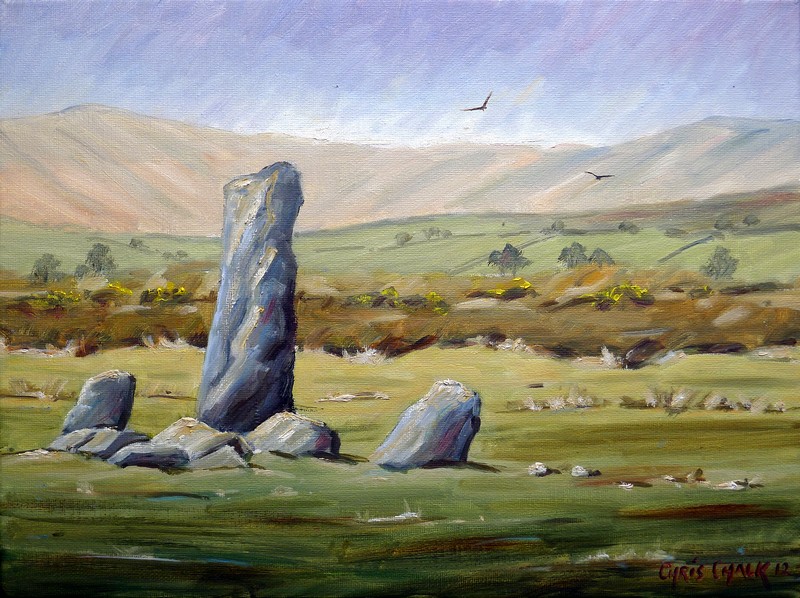 A oil painting of Welsh standing stone in the Preseli hills of Pembrokeshire