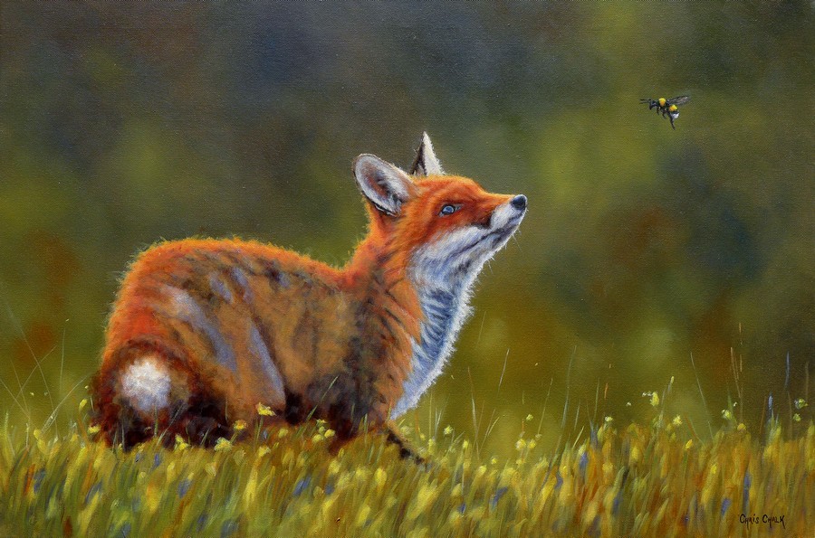 A fox painting of a fox looking at a bumble bee in a field of grass