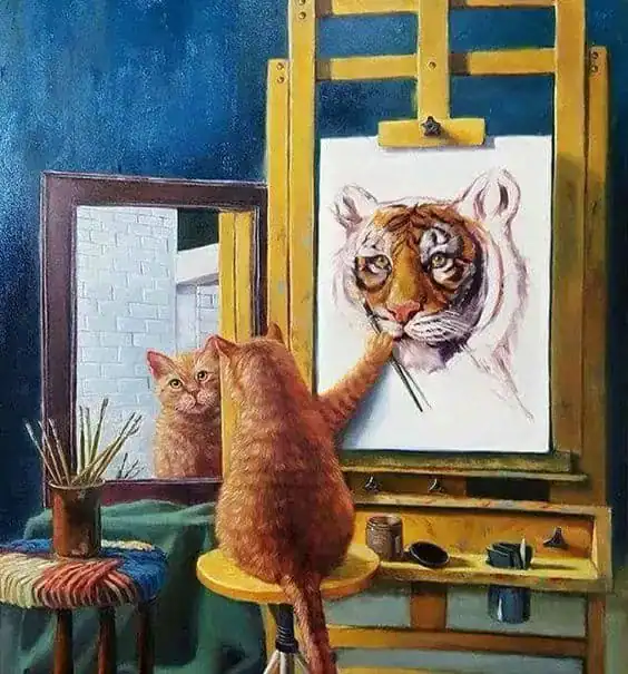 A painting of a cat painting its own portrait but painting a tiger instead.
