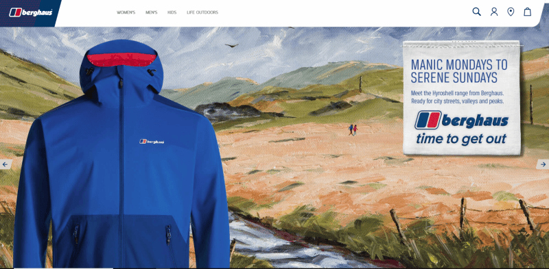 A vibrant outdoor scene featuring a blue Berghaus jacket in the foreground, with rolling hills and mountains in the background, promoting outdoor adventure and apparel.