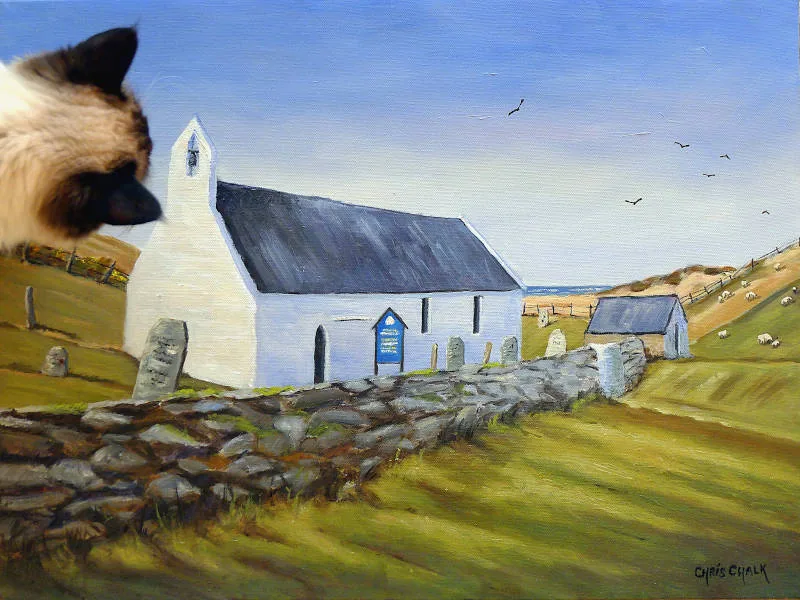 Painting of a weathered stone wall leading to a white historic church on lush green grass in a rural landscape with a blue sky, with a cat's head looking into the picture.