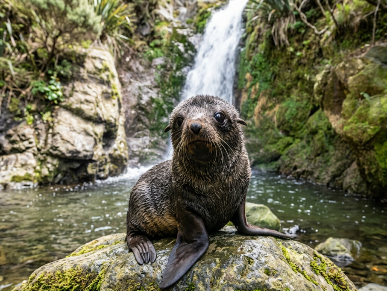 Adorable New Zealand fur seal pup sitting on a rock near a waterfall in Kaikōura, surrounded by lush greenery and clear water, showcasing wildlife and natural beauty.
